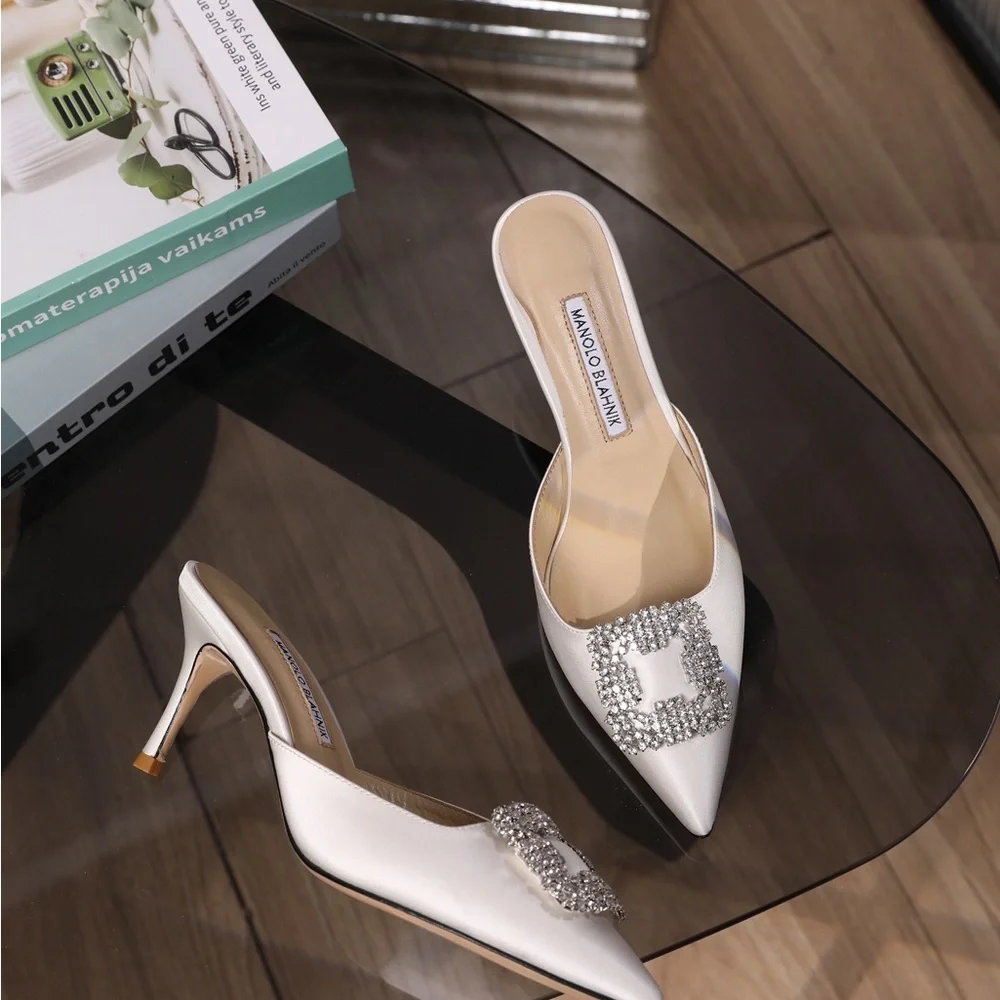 Manolo Blahnik Hangisi Mules - Ivory Satin with Crystal Buckle - Picture 6 of 6